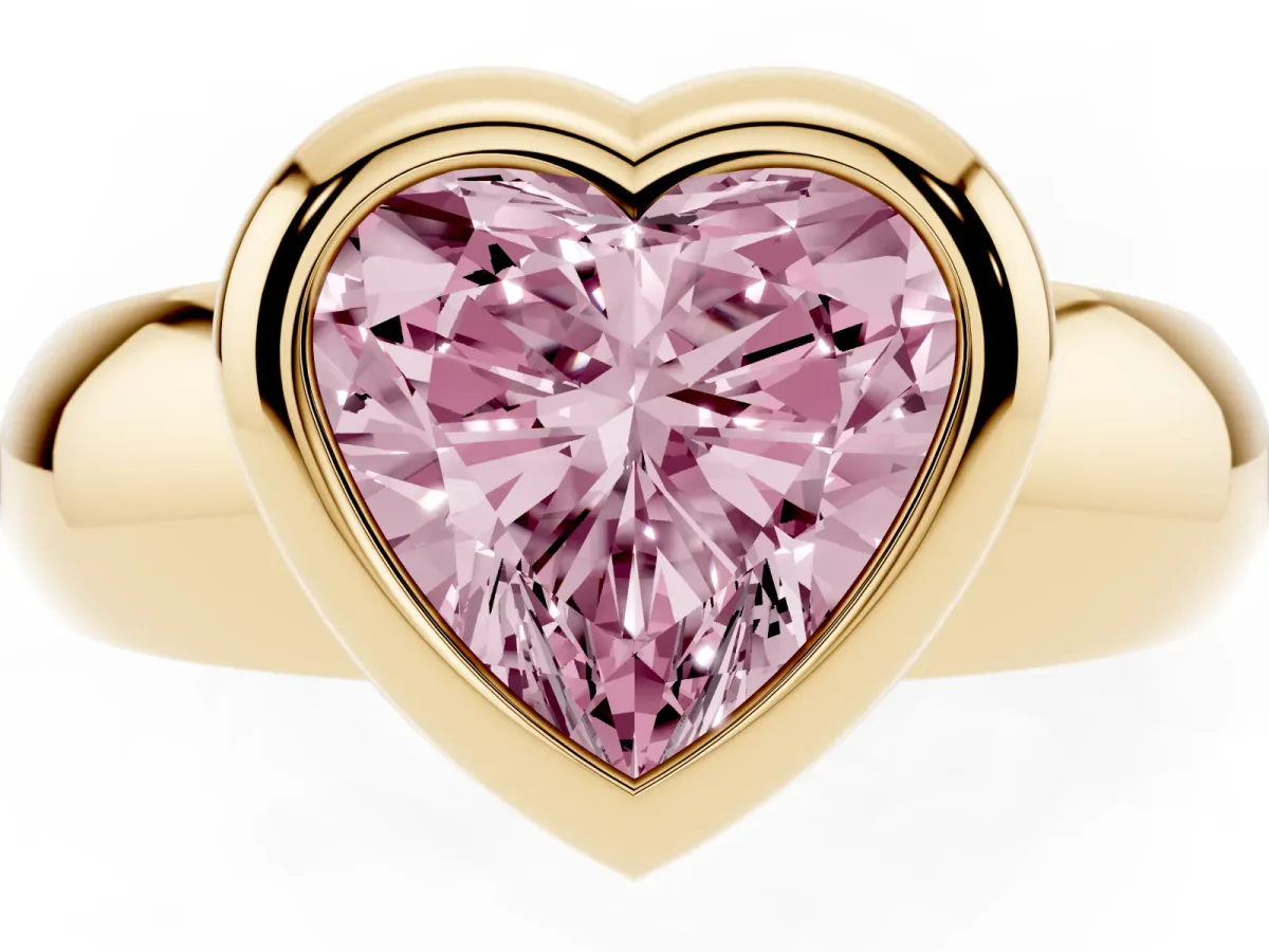 Fancy Pink Bezel Set Heart Cut Solitaire Ring with Wide Band Yellow gold