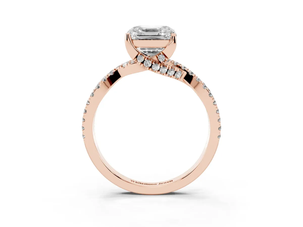 Asscher Cut Solitaire Twist Pave Diamond Engagement Ring with Prong Setting Rose gold