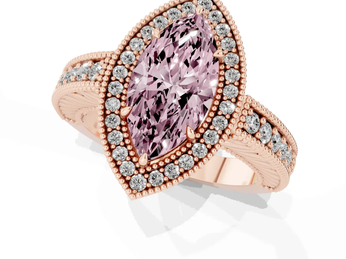 Fancy Pink Marquise Cut Cut Halo Diamond Ring with Pavé Band and Four-Prong Setting Rose gold