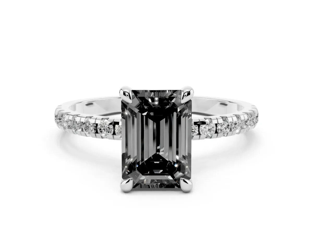 Fancy Black Emerald Cut Diamond Brilliant Solitaire Ring with Pavé Band and Four-Prong Setting Platinum