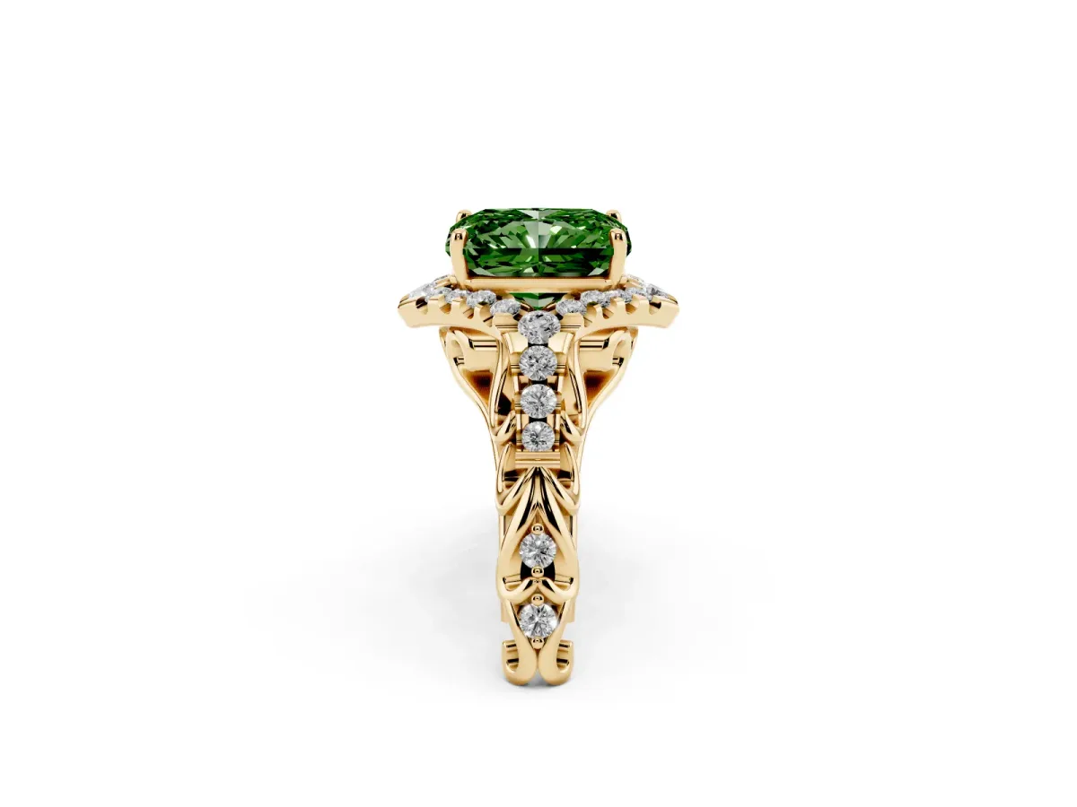 Fancy Green Radiant Cut Diamond Solitaire Ring with Hidden Halo and Pavé Band Yellow gold