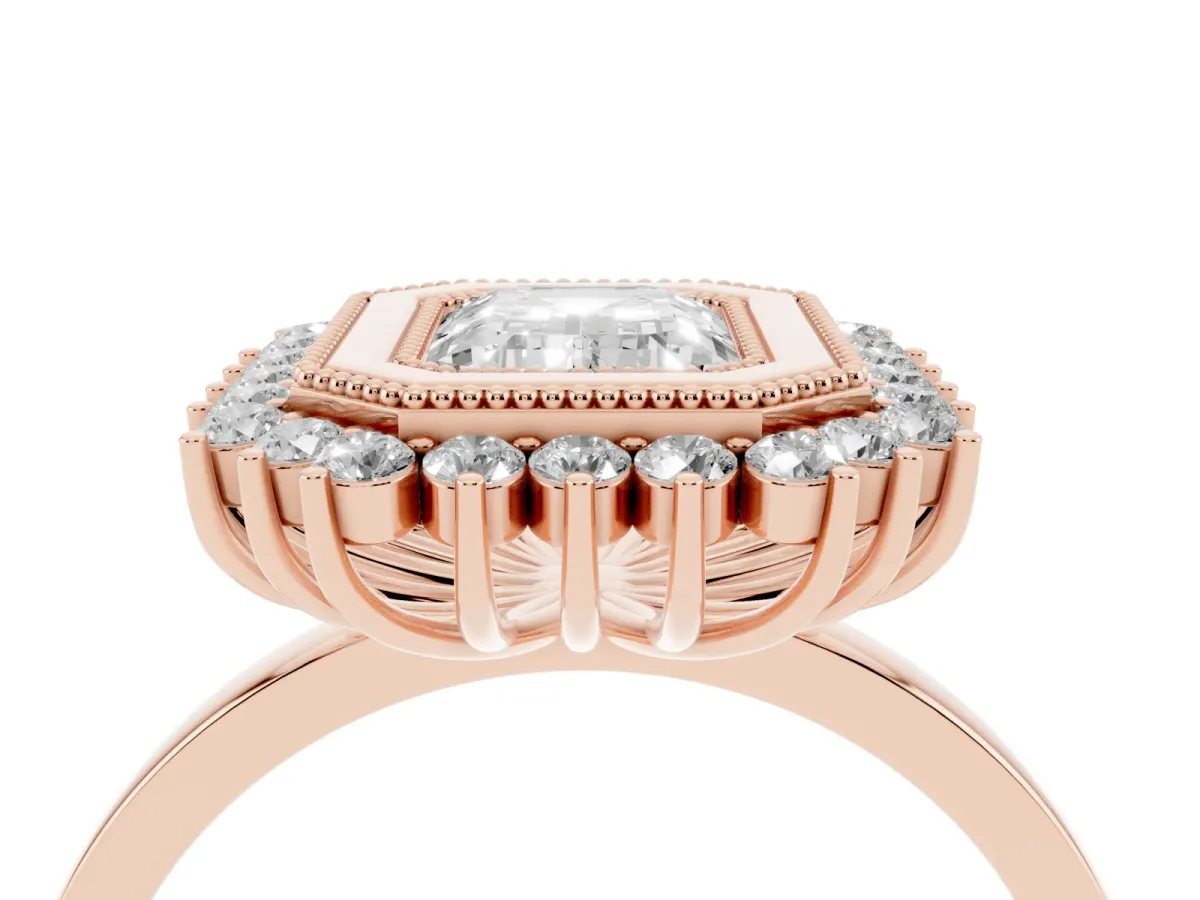 Emerald Cut Halo Diamond Ring with Milgrain Edge and Round Prong Setting Rose gold