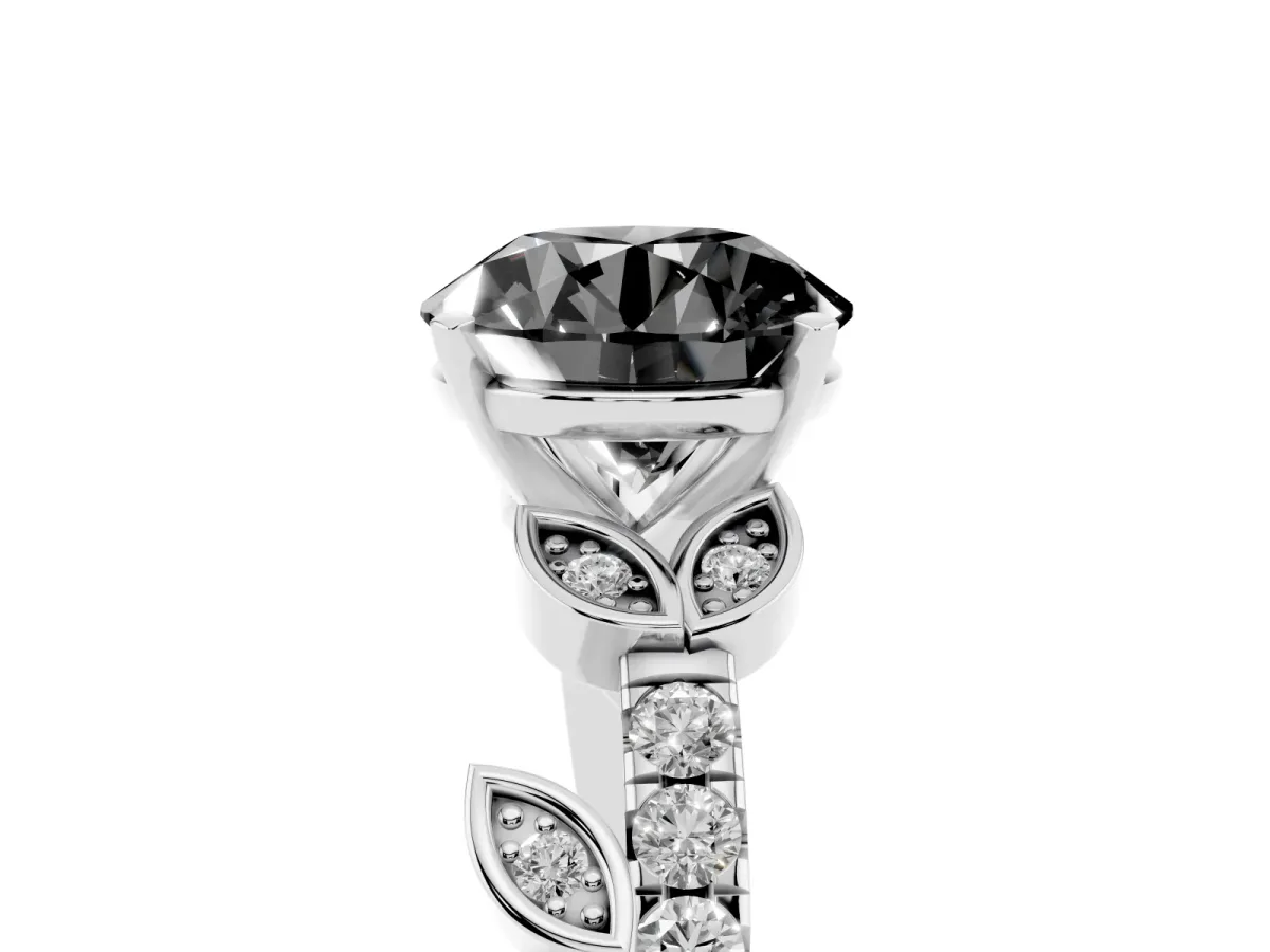 Fancy Black Round Cut Solitaire Leaf-Inspired Diamond Ring with Pavé Band and Four-Prong Setting Silver