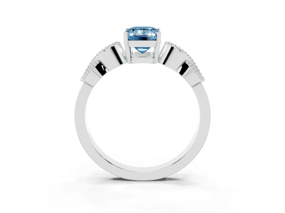 Fancy Blue Emerald Cut Solitaire Milgrain Leaf Band with Prong Setting Silver