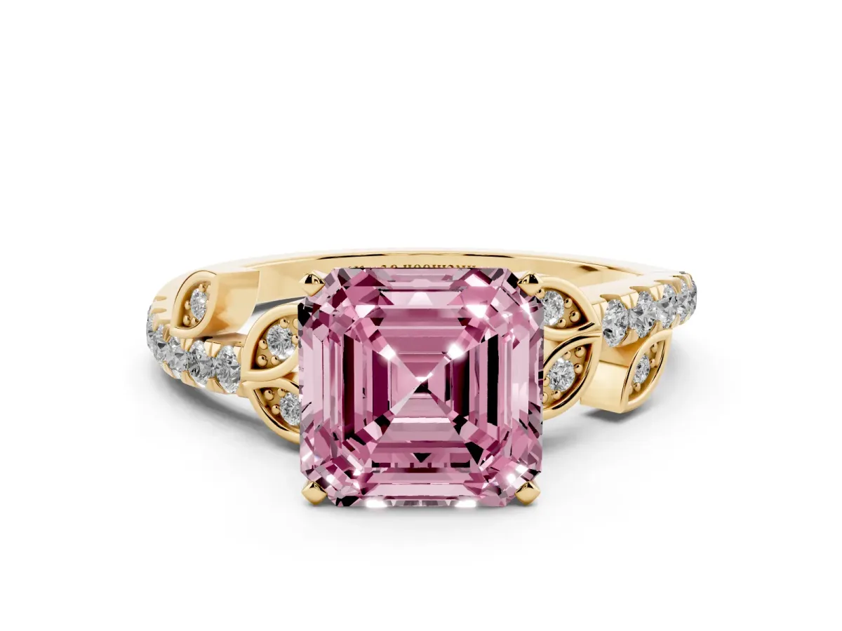 Fancy Pink Asscher Cut Solitaire Leaf-Inspired Diamond Ring with Pavé Band and Four-Prong Setting Yellow gold