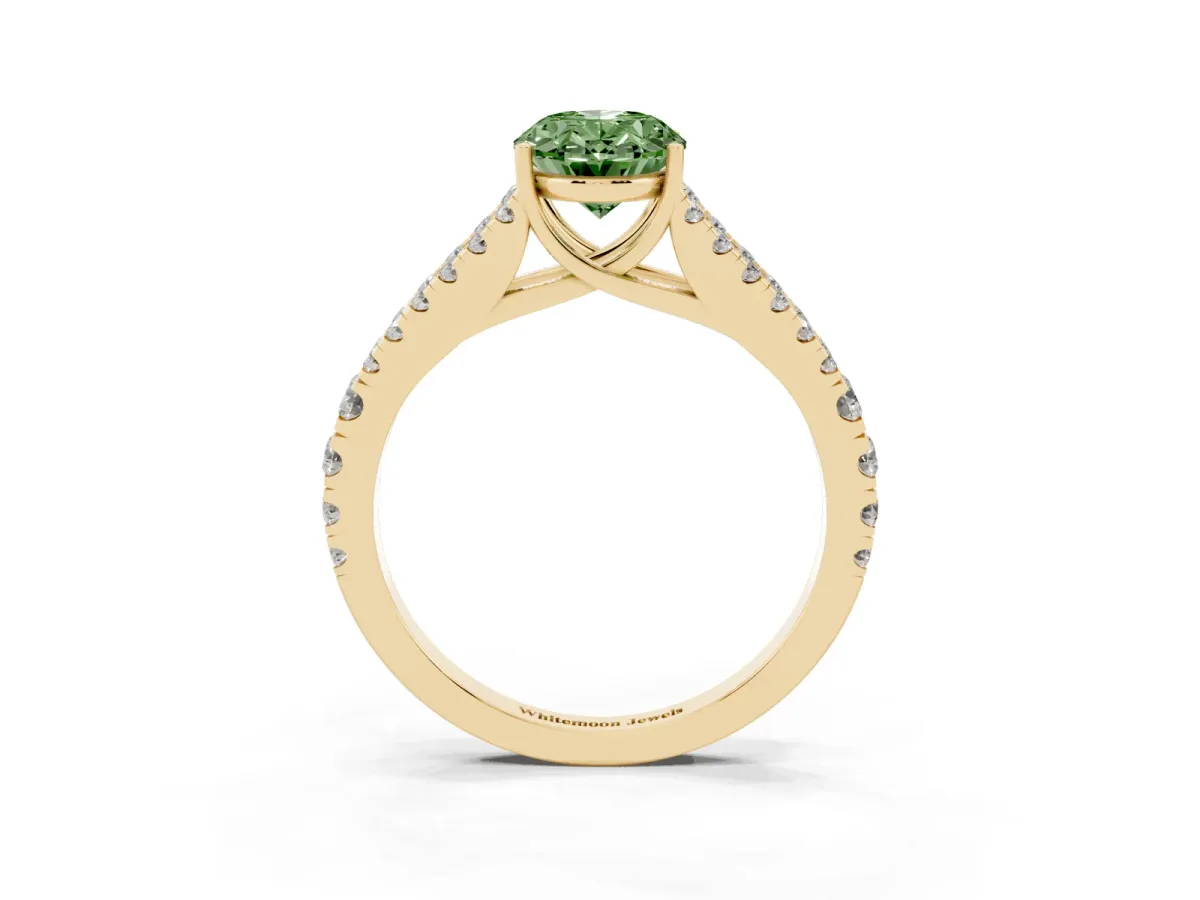 Fancy Green Oval Cut Diamond Split Shank Pavé Engagement Ring with Four-Prong Setting Yellow gold