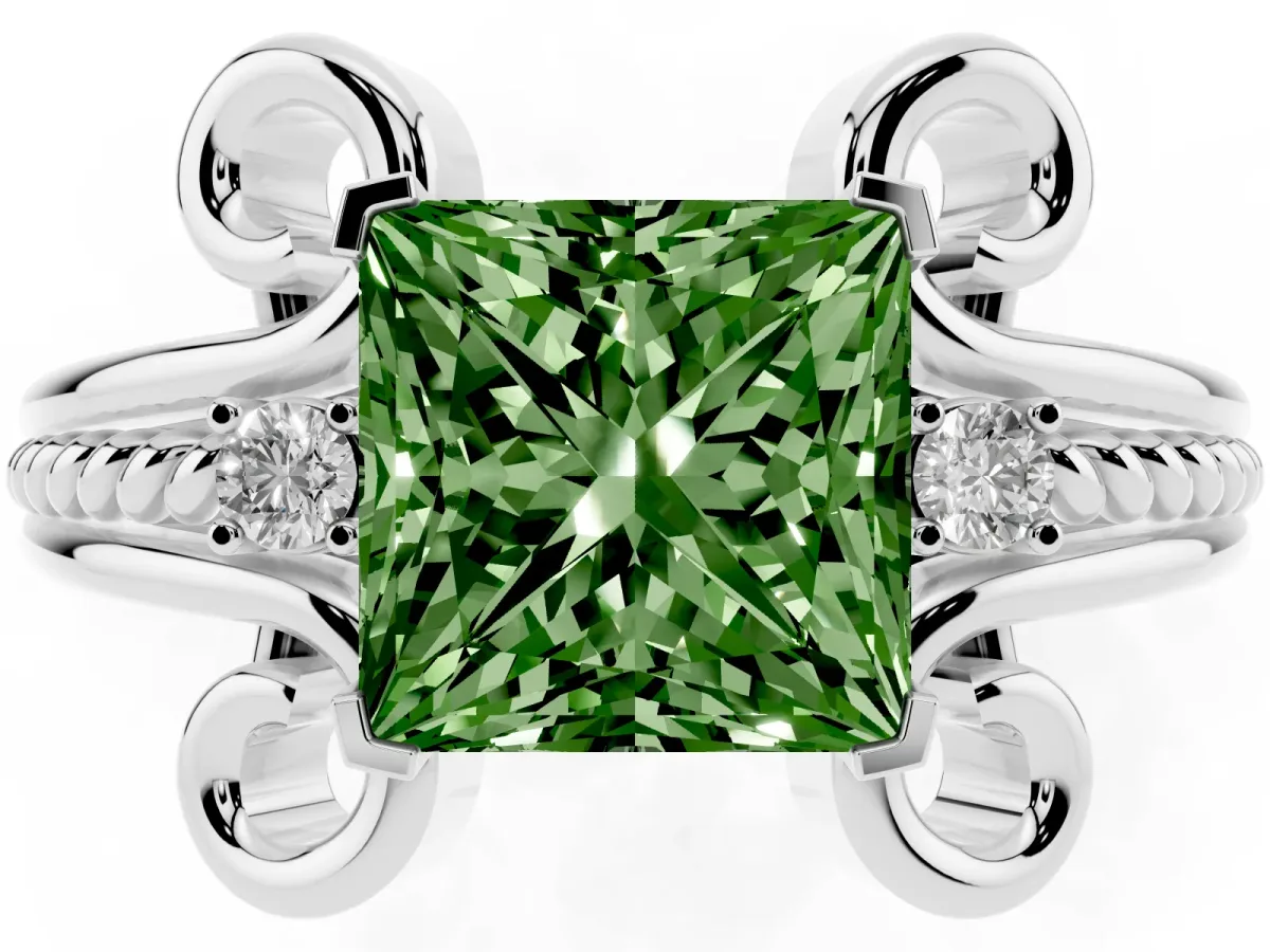 Fancy Green Princess Cut Solitaire Twisted Band Scroll Prong Ring Silver