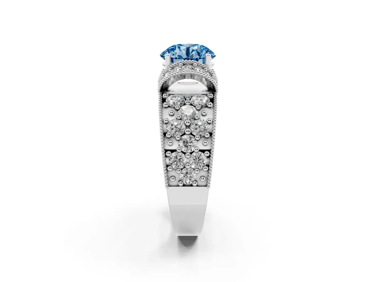 Fancy Blue Round Cut Halo Pave Diamond Engagement Ring with Milgrain Detailing Silver