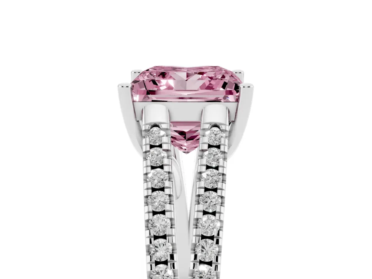Fancy Pink Princess Cut Diamond Solitaire Engagement Ring with Split Shank Pavé Band Silver