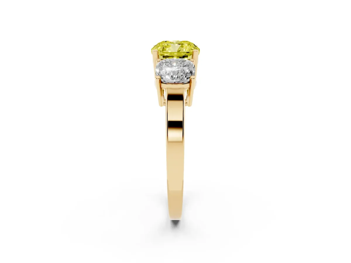 Fancy Yellow Three-Stone Cushion Cut Cut Diamond Engagement Ring with Flat Band and Four-Prong Setting Yellow gold