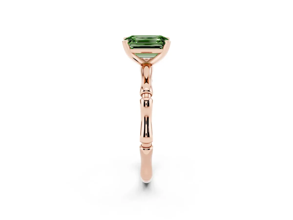 Fancy Green Emerald Cut Solitaire Diamond Ring with Bamboo Band and Four-Prong Setting Rose gold