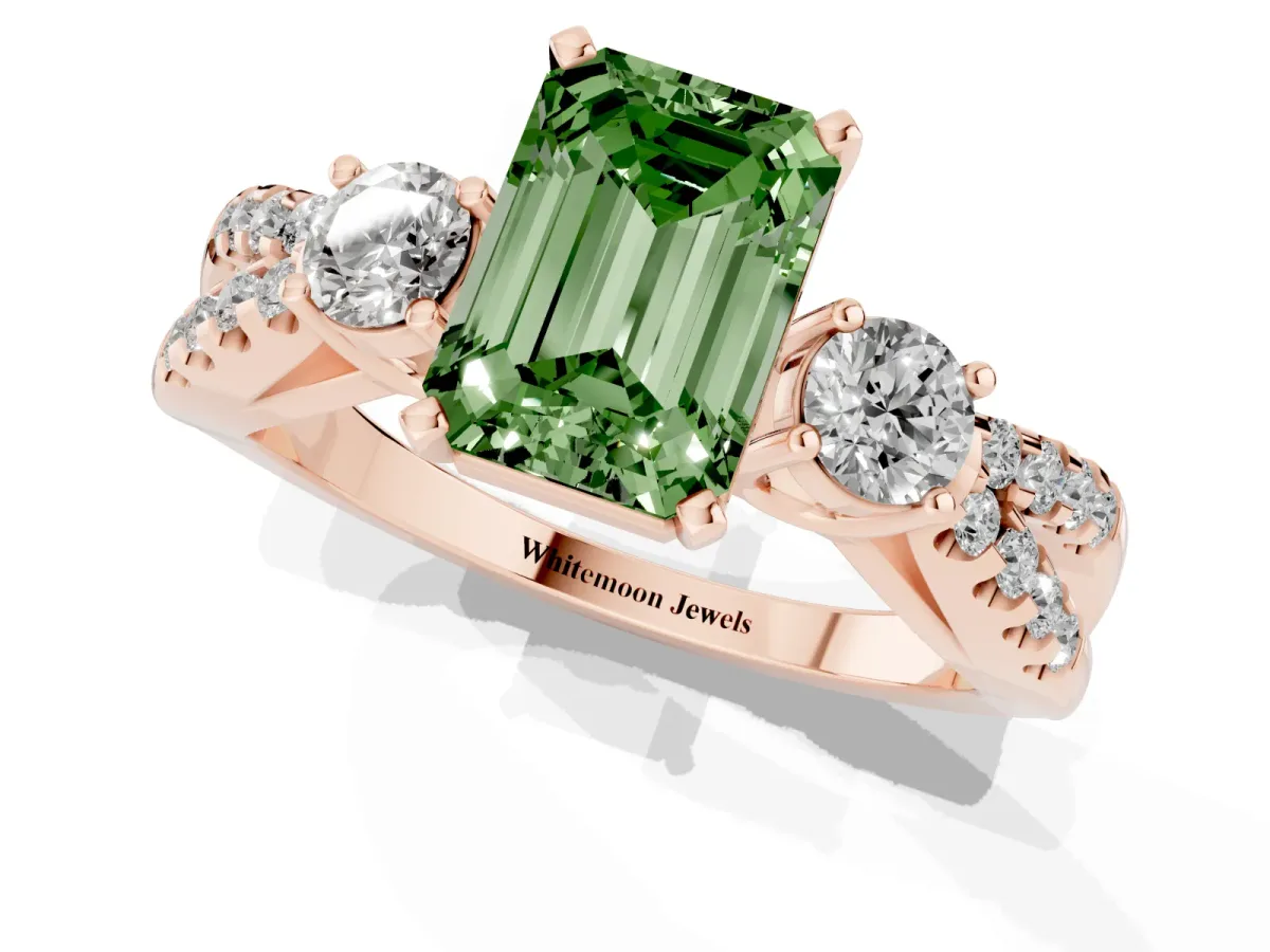 Fancy Green Emerald Cut Diamond Three-Stone Ring with Pavé Split Shank and Four-Prong Setting Rose gold