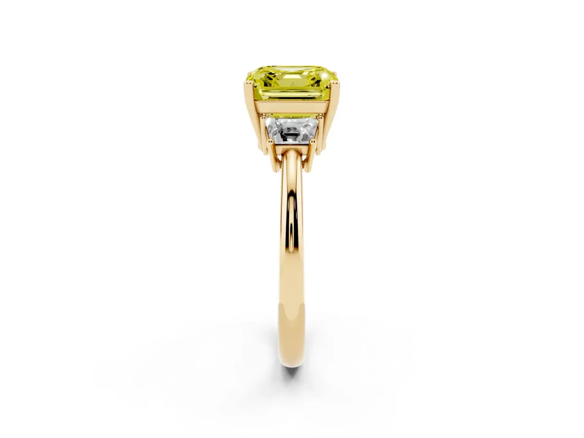 Fancy Yellow Asscher Cut Diamond Three-Stone Ring with Trapezoid Side Stones and Prong Setting Yellow gold