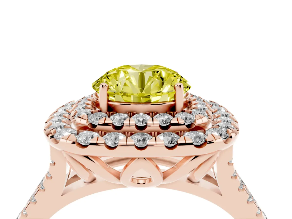 Fancy Yellow Double Halo Round Cut Diamond Pavé Split Shank Ring with Prong Setting Rose gold