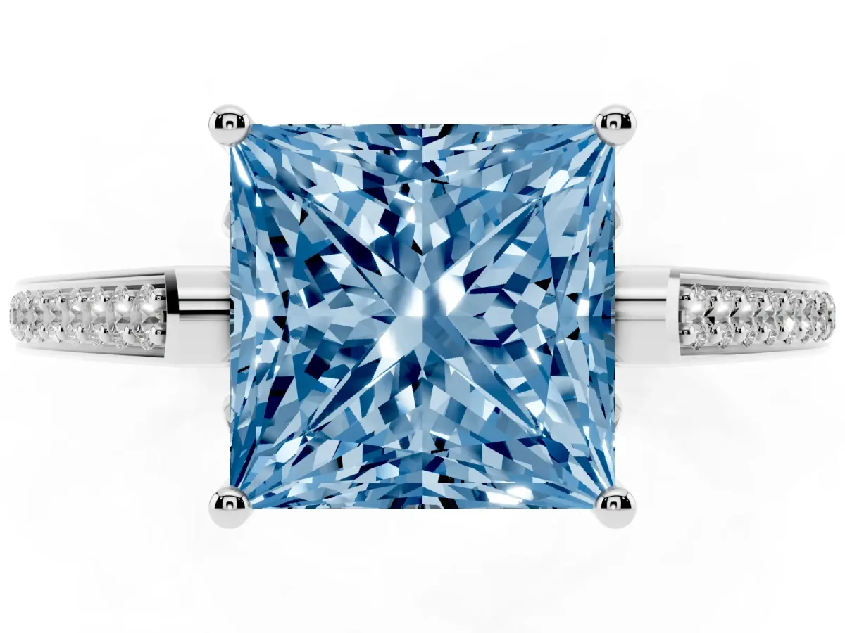 Fancy Blue Princess Cut Cut Cathedral Pave Diamond Engagement Ring with Six-Prong Setting Silver