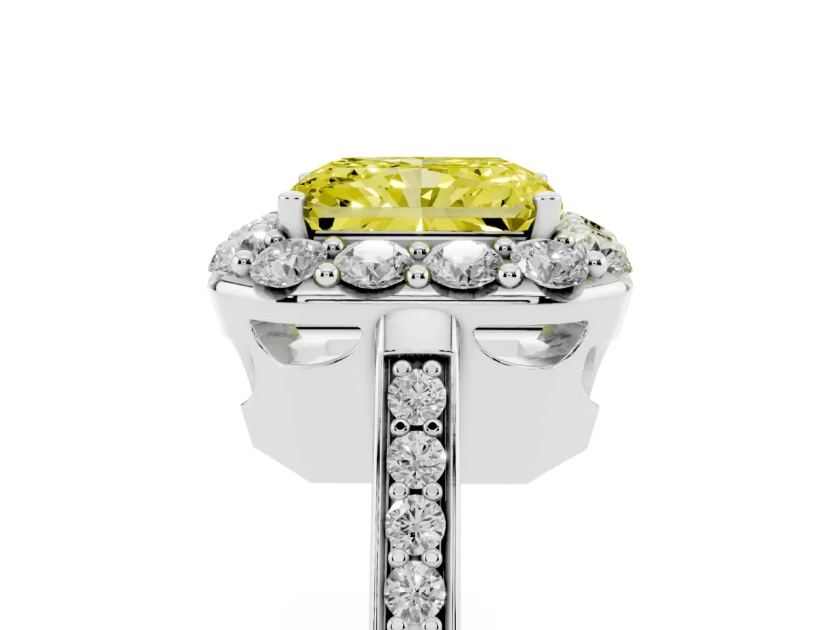Fancy Yellow Radiant Cut Diamond Floral Halo Ring with Pavé Band and Prong Setting Platinum