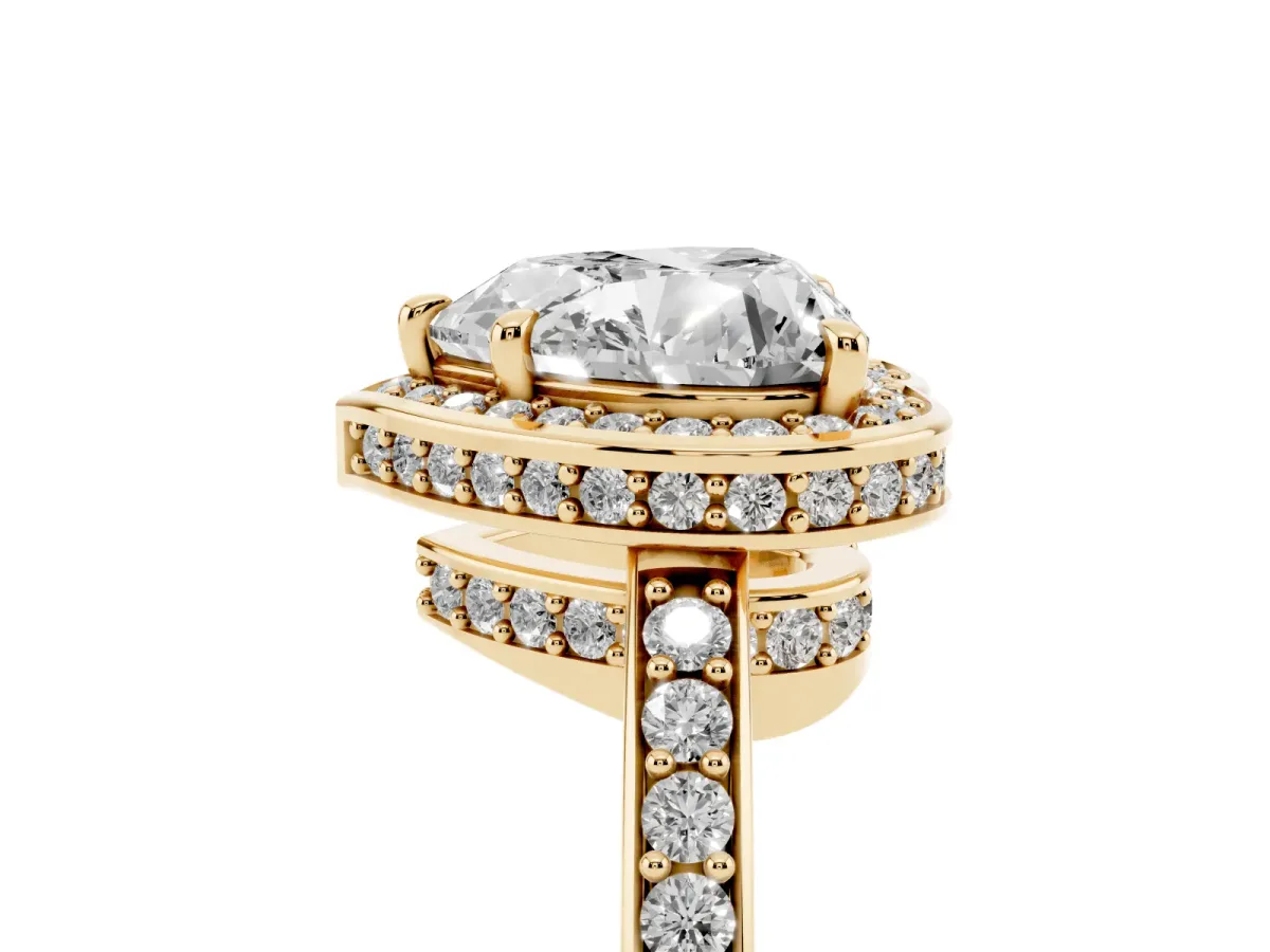 Heart Cut Halo Pave Band Solitaire Ring with Prong Setting Yellow gold