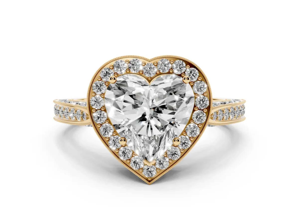 Heart Cut Halo Diamond Engagement Ring with Split Shank Band and Four-Prong Setting Yellow gold