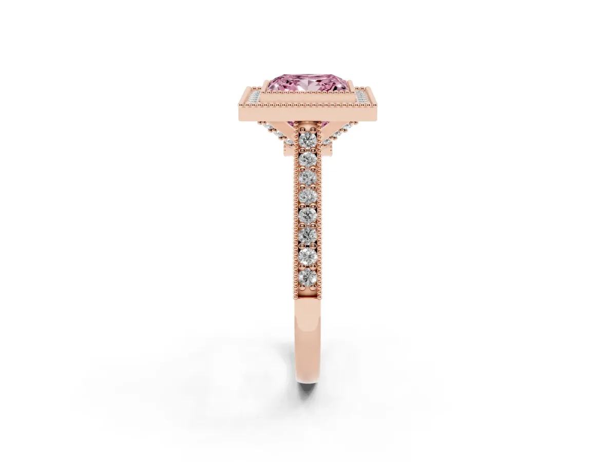 Fancy Pink Halo Princess Cut-Cut Diamond Pave Band Milgrain Prong Setting Ring Rose gold