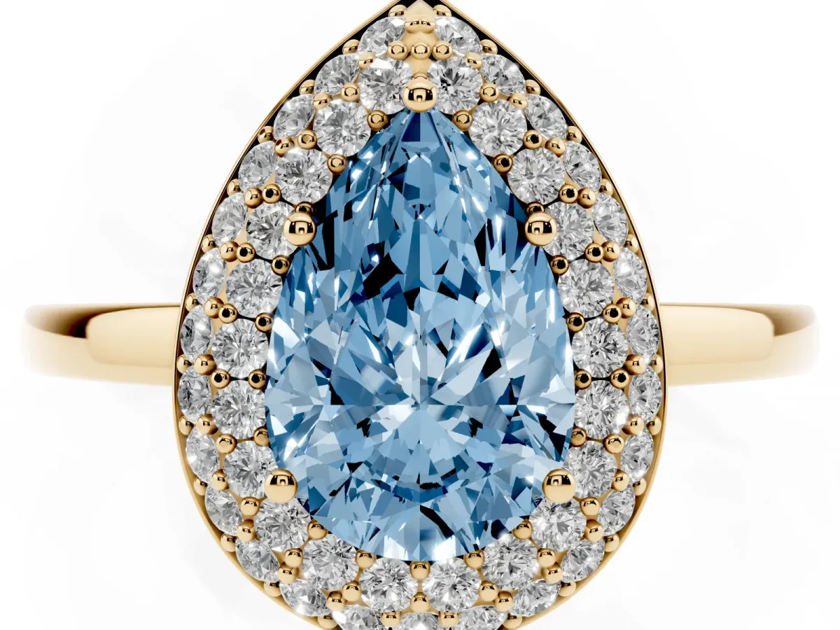 Fancy Blue Pear Cut Halo Diamond Engagement Ring with Solitaire Band and Four-Prong Setting Yellow gold