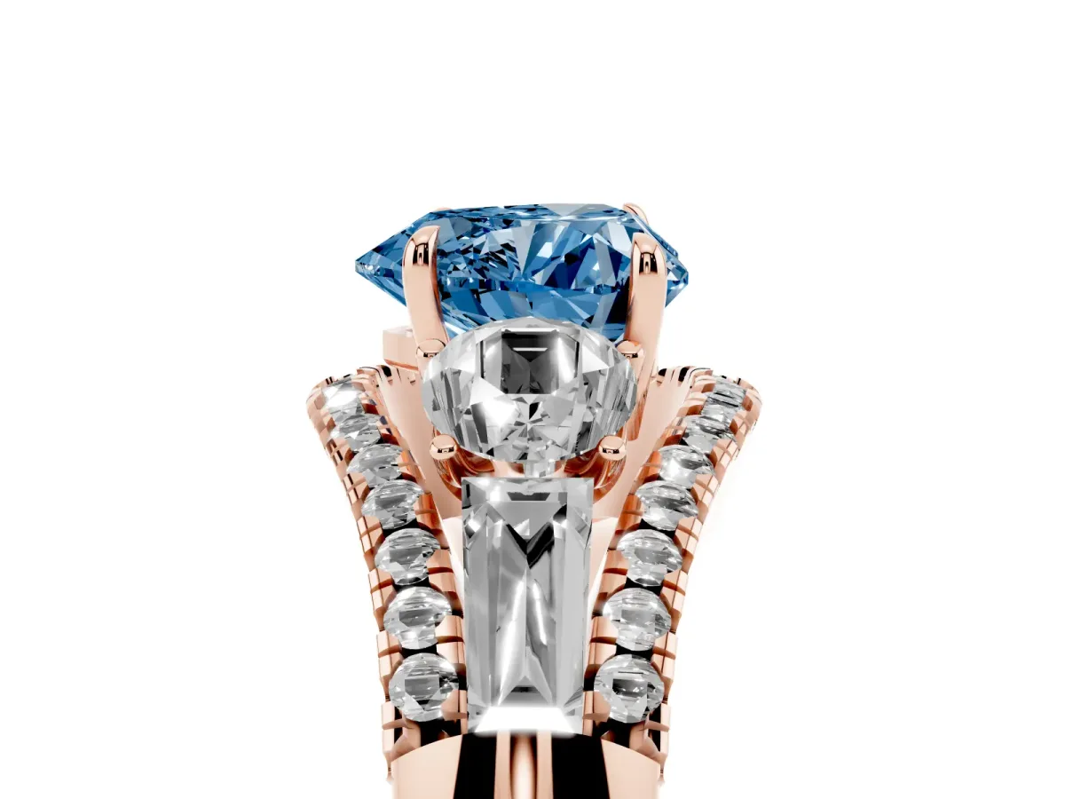 Fancy Blue Three-Stone Heart Cut Diamond Engagement Ring with Pave Band and Prong Setting Rose gold