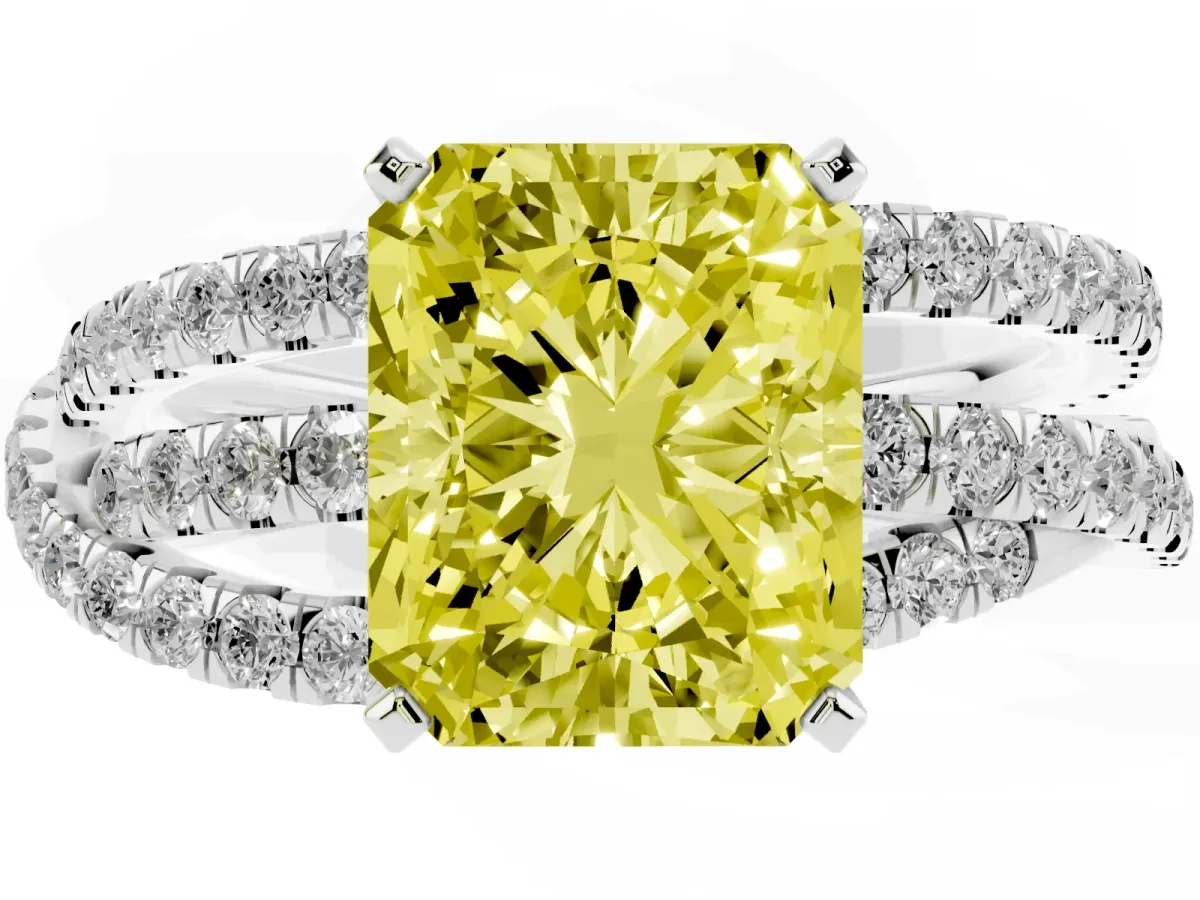 Fancy Yellow Radiant Cut Solitaire Twist Band with Pavé Setting and Four-Prong Setting Silver