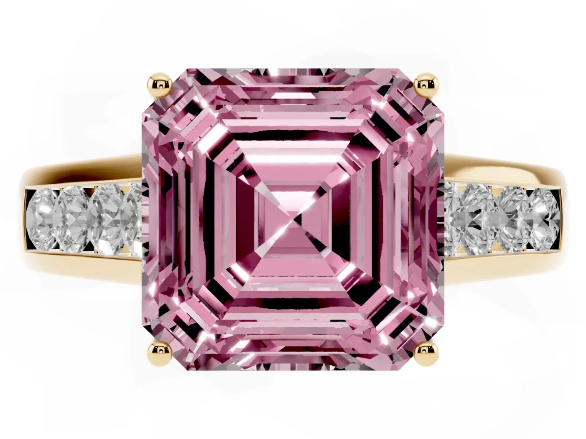 Fancy Pink Asscher Cut Solitaire Channel-Set Diamond Engagement Ring with Four-Prong Setting Yellow gold