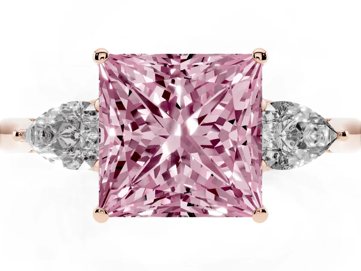 Fancy Pink Three-Stone Princess Cut Diamond Ring with Pear Side Stones in Four-Prong Setting Rose gold