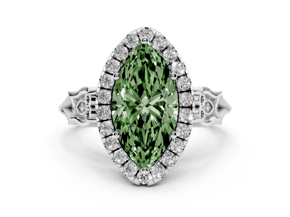 Fancy Green Marquise Cut Halo Diamond Engagement Ring with Filigree Band and Four-Prong Setting Silver