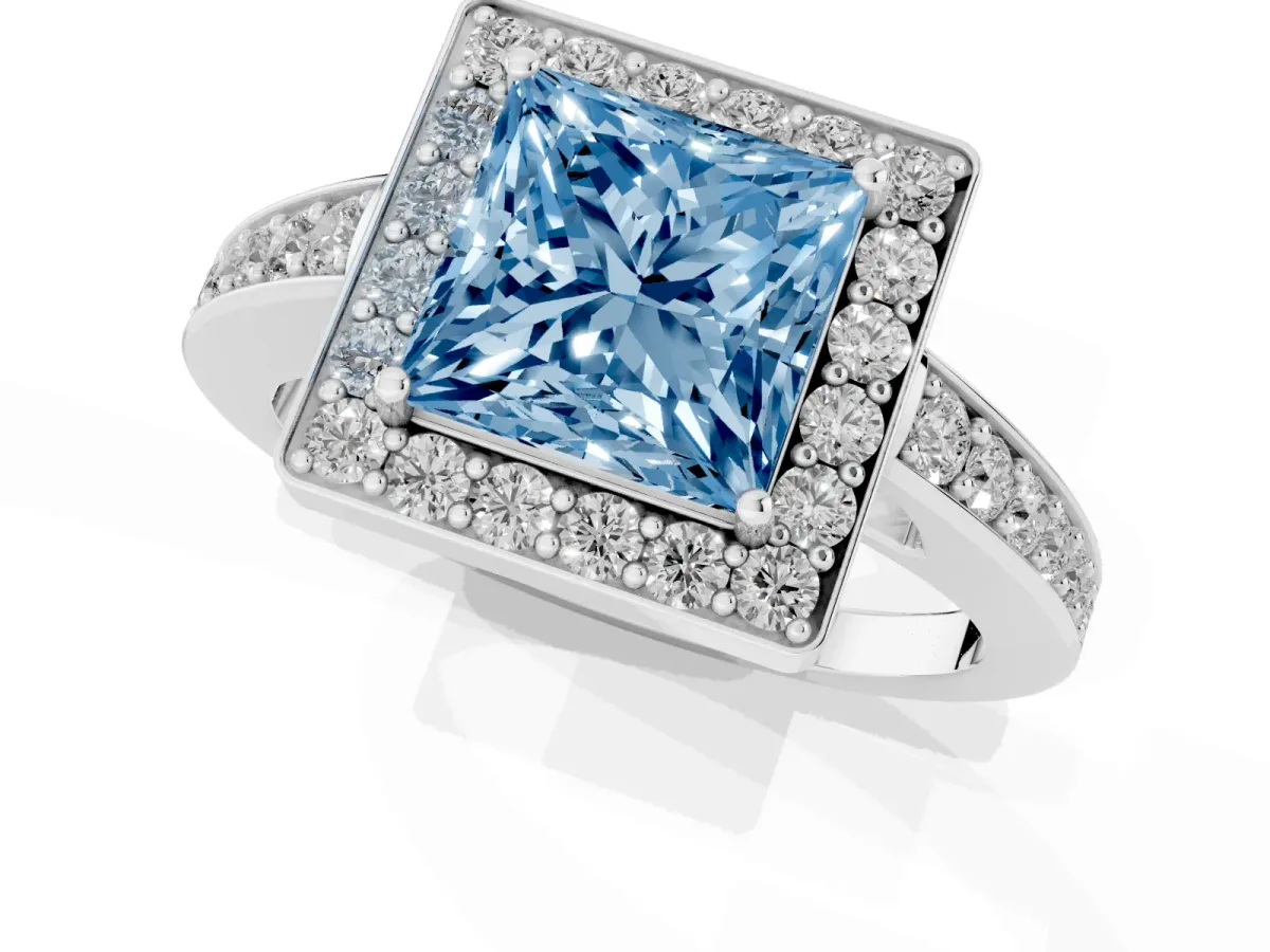 Fancy Blue Princess Cut Halo Pavé Diamond Engagement Ring with Bezel Setting Platinum