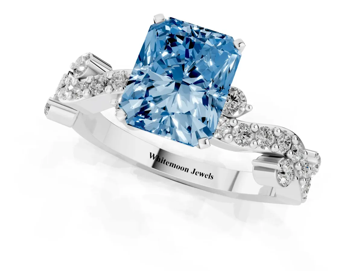 Fancy Blue Radiant Cut Cut Solitaire Diamond Twisted Band with Pave Setting Silver
