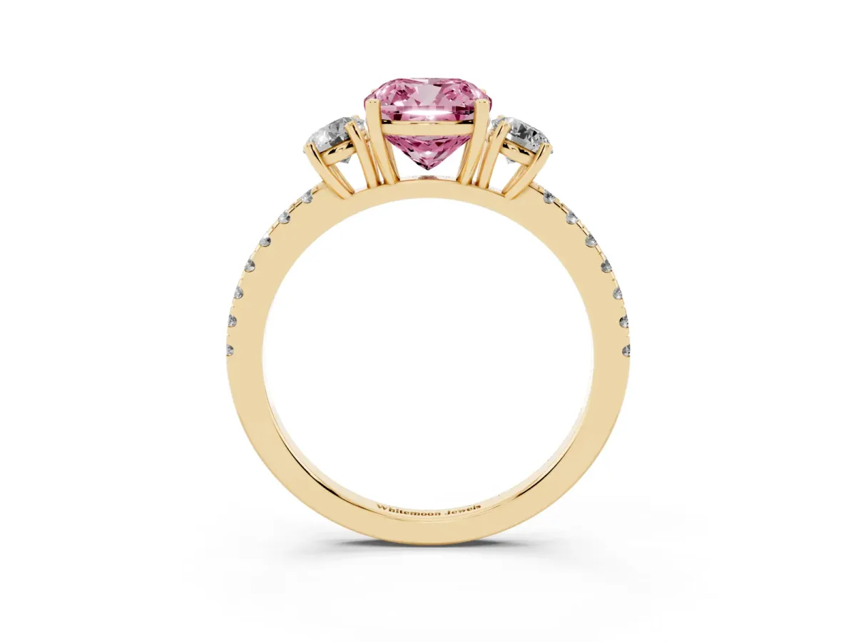 Fancy Pink Three-Stone Cushion Cut Cut Diamond Pavé Band with Prong Setting Yellow gold