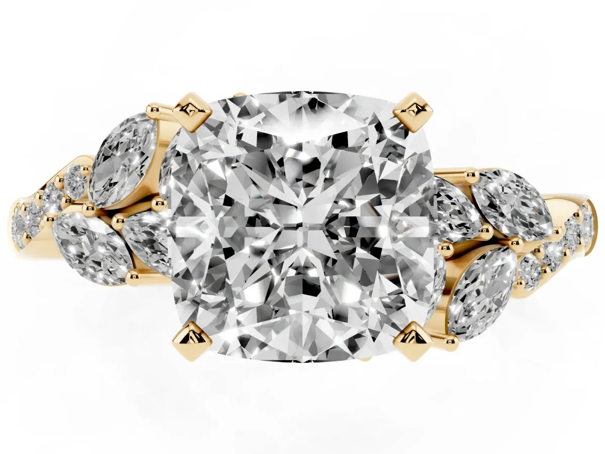 Cushion Cut Solitaire Marquise Twist Band with Six-Prong Setting Yellow gold