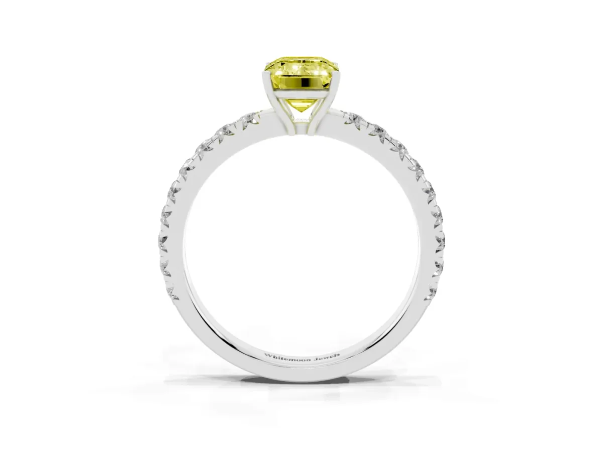 Fancy Yellow Emerald Cut Diamond Pavé Solitaire Engagement Ring with Four-Prong Setting Silver