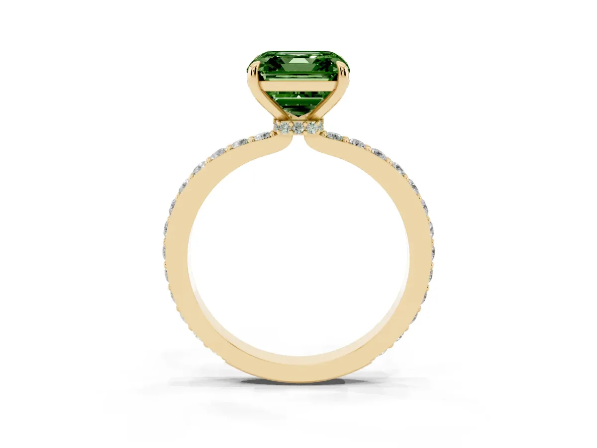 Fancy Green Asscher Cut Diamond Solitaire Engagement Ring with Pavé Band and Four-Prong Setting Yellow gold