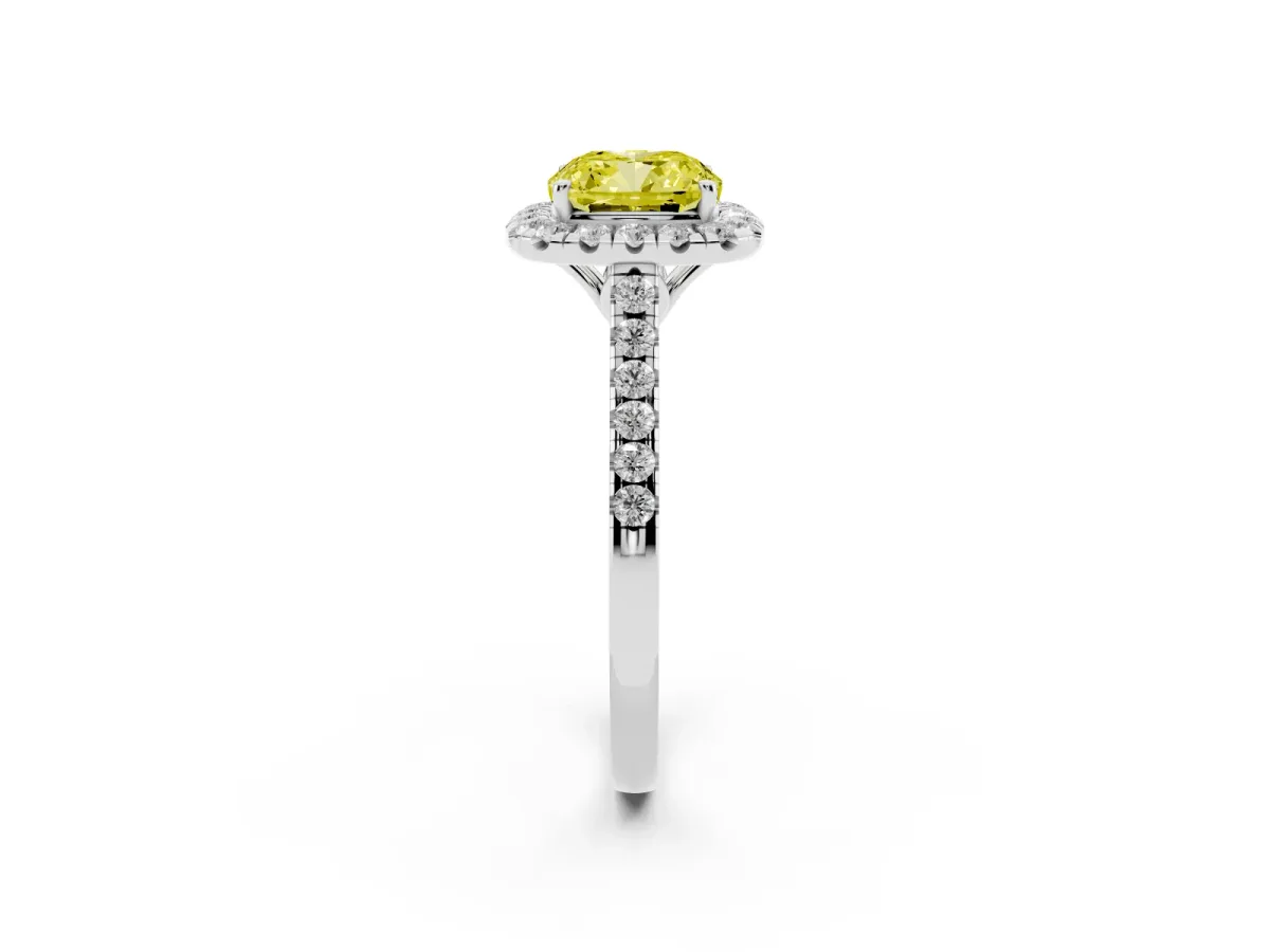 Fancy Yellow Cushion Cut Halo Pavé Diamond Engagement Ring with Four-Prong Setting Silver