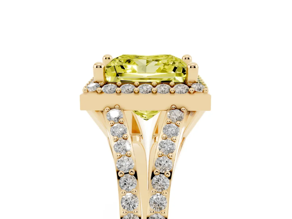 Fancy Yellow Princess Cut Halo Split Shank Diamond Ring with Prong Setting Yellow gold