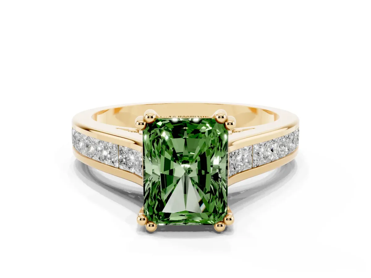 Fancy Green Radiant Cut Cut Channel Set Solitaire Engagement Ring with Prong Setting Yellow gold
