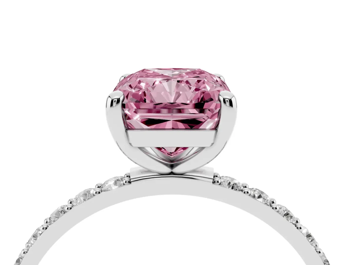 Fancy Pink Radiant Cut Diamond Solitaire Ring with Round Pavé Band and Prong Setting Silver