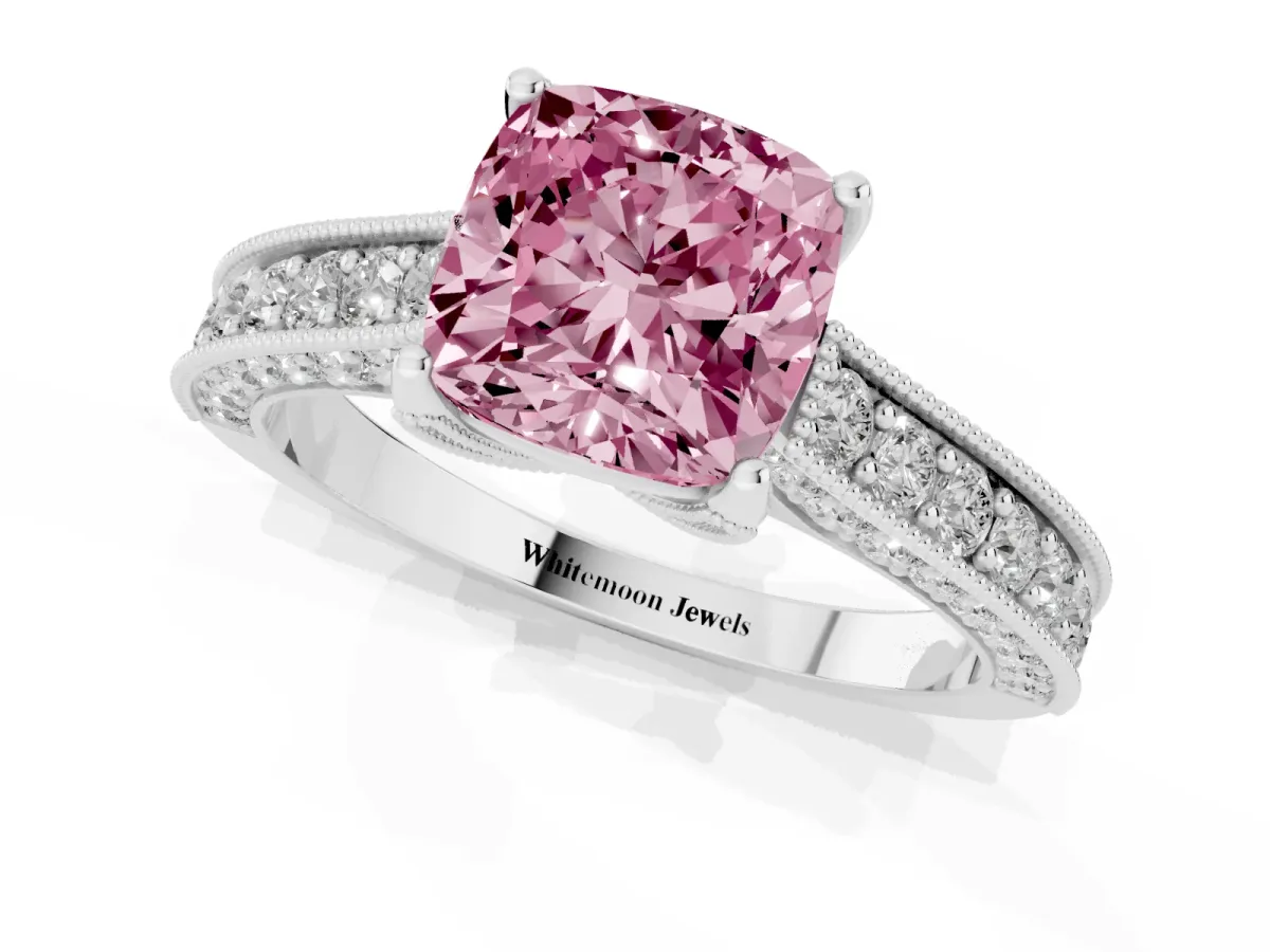 Fancy Pink Cushion Cut Cut Diamond Solitaire Ring with Milgrain Pave Band and Four Prong Setting Platinum
