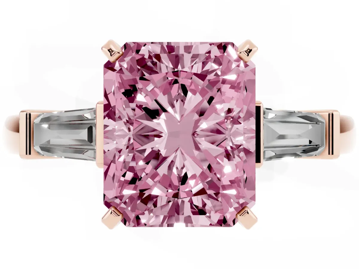 Fancy Pink Radiant Cut Cut Diamond Solitaire Ring with Tapered Baguette Accents and Four-Prong Setting Rose gold