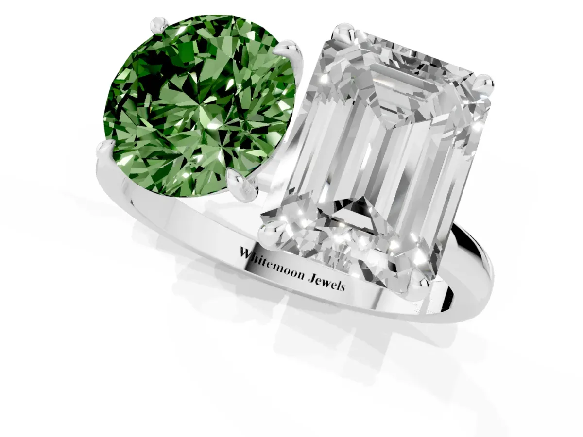 Fancy Green Round Cut and Emerald Cut Toi Moi Ring with Prong Setting Platinum