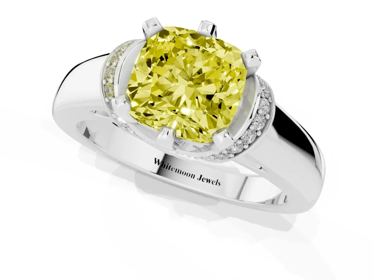 Fancy Yellow Cushion Cut Solitaire Diamond Ring with Pave Band and Six-Prong Setting Silver