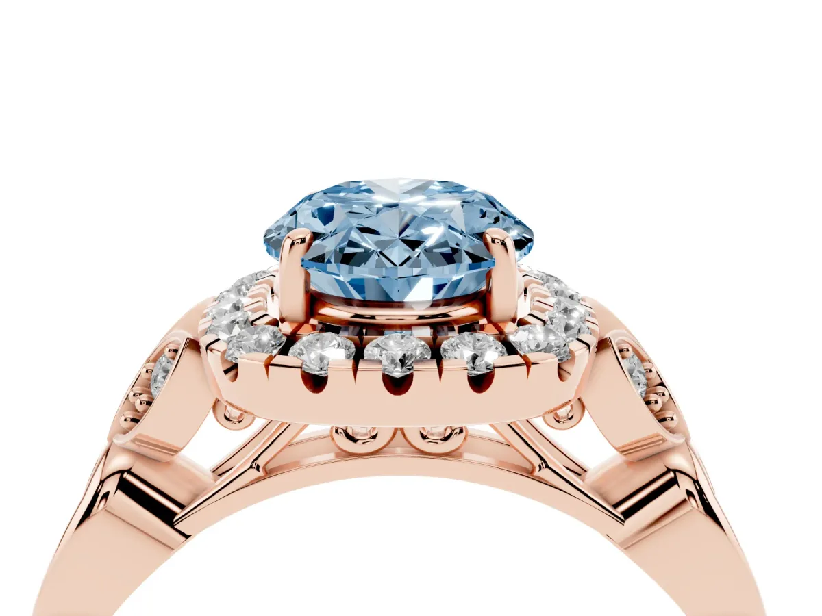 Fancy Blue Oval Cut Halo Diamond Engagement Ring with Vintage-Inspired Band and Four-Prong Setting Rose gold