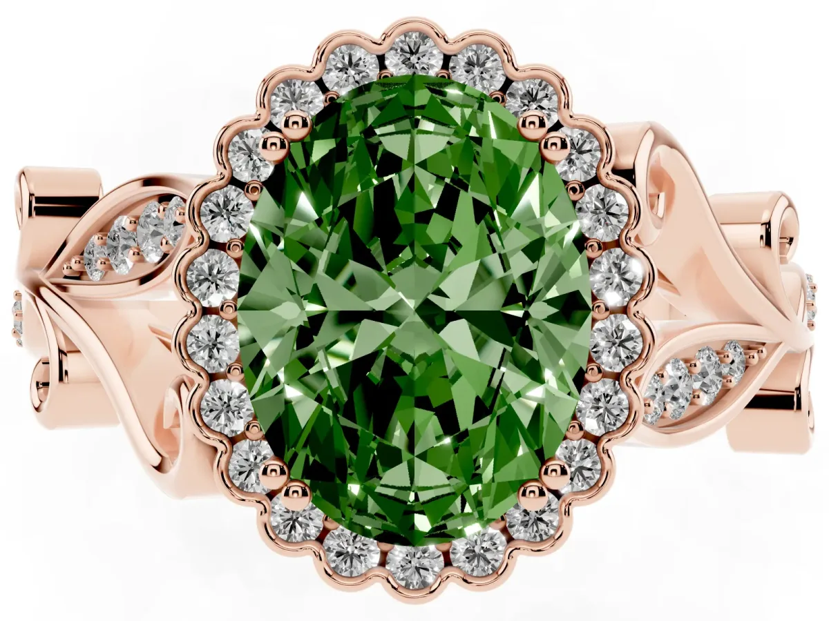 Fancy Green Oval Cut Diamond Halo Ring with Vintage Split Shank and Four-Prong Setting Rose gold