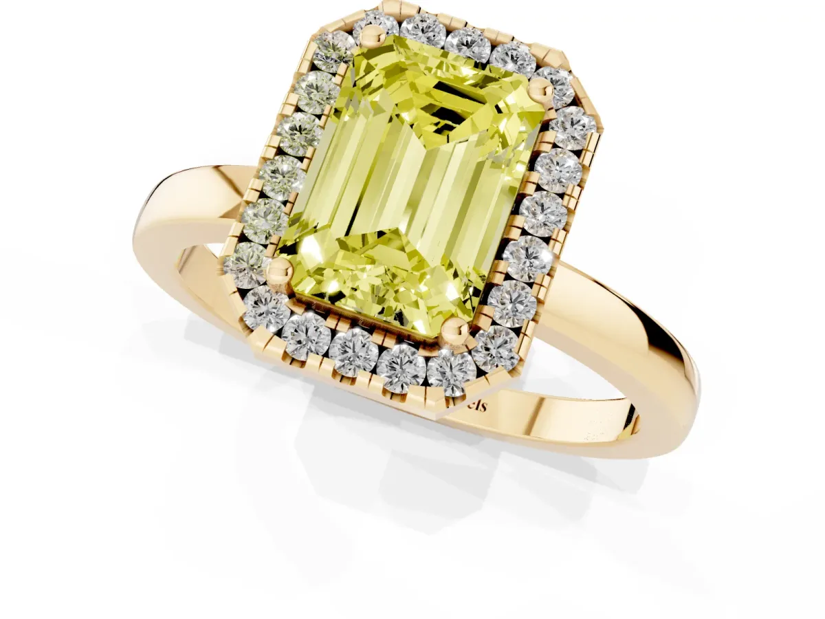 Fancy Yellow Emerald Cut Halo Diamond Solitaire with Pavé Band and Four-Prong Setting Yellow gold