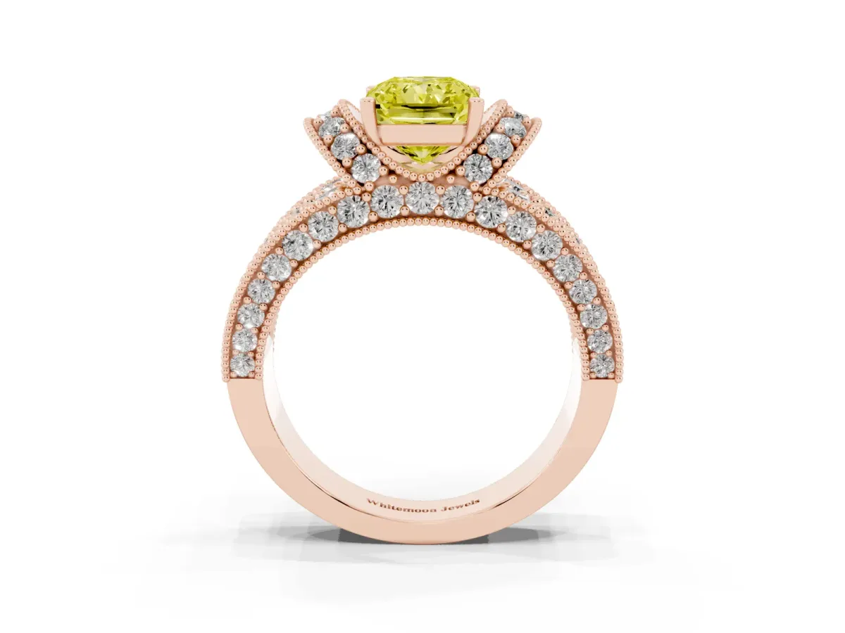 Fancy Yellow Radiant Cut Halo Pave Diamond Engagement Ring with Milgrain Detailing Rose gold
