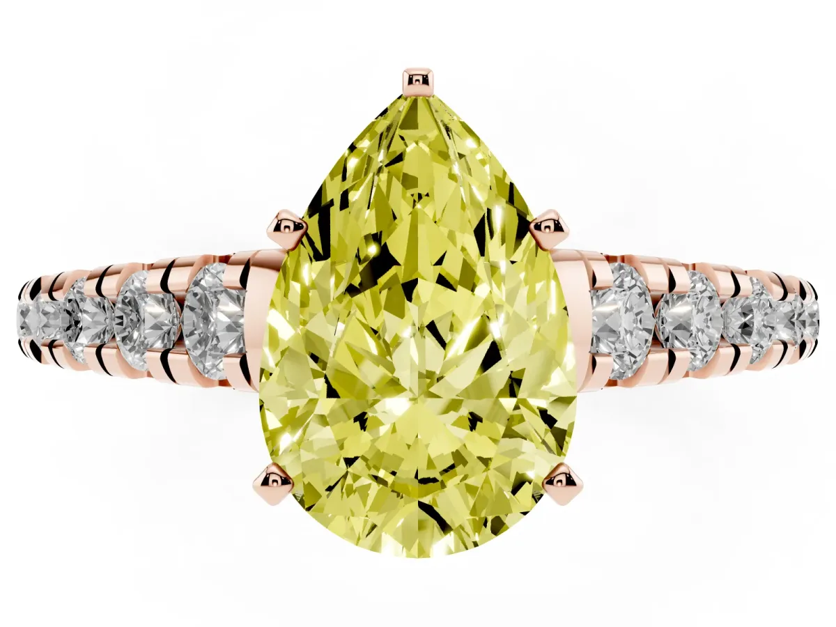 Fancy Yellow Pear Cut Diamond Cathedral Solitaire Ring with Round Pavé Band Rose gold