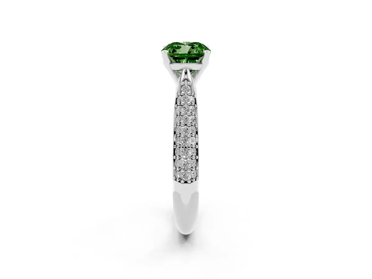 Fancy Green Cushion Cut Diamond Solitaire Engagement Ring with Multi-Row Round Pavé Band and Prong Setting Platinum