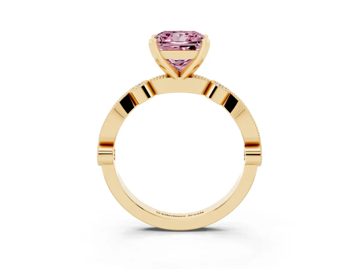 Fancy Pink Princess Cut Milgrain Bezel Diamond Engagement Ring with Solitaire Prong Setting Yellow gold